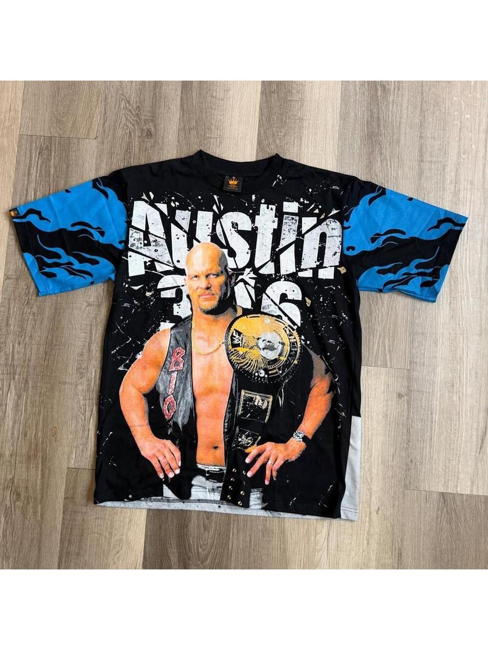 WWE Austin 3:16 black & blue graphic tee sz L AOP all over print